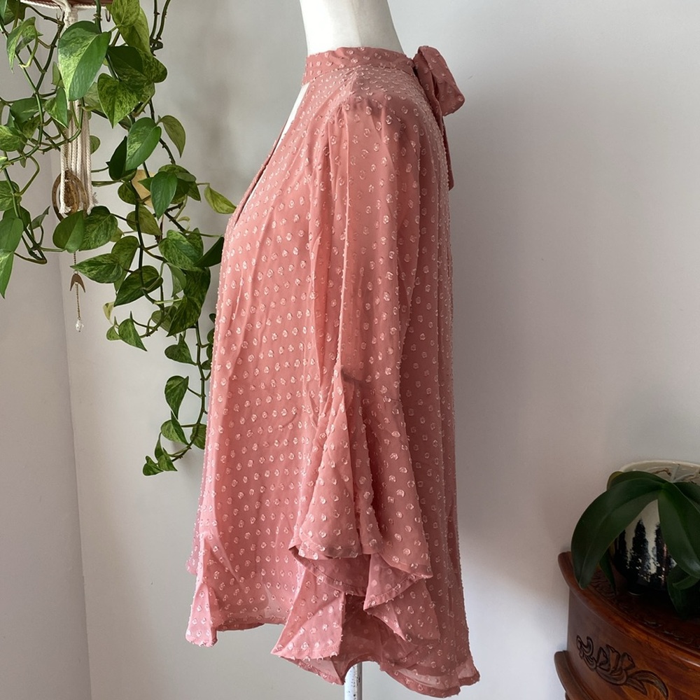 NWT Band of Gypsies Bell Sleeve French Dot Tie Neck Pink Blouse Top Small - Picture 2 of 9